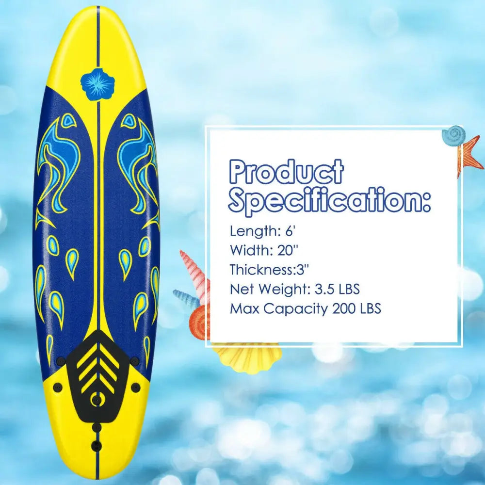 6 Feet Surfboard with 3 Detachable Fins-Yellow - Yellow - Surfing