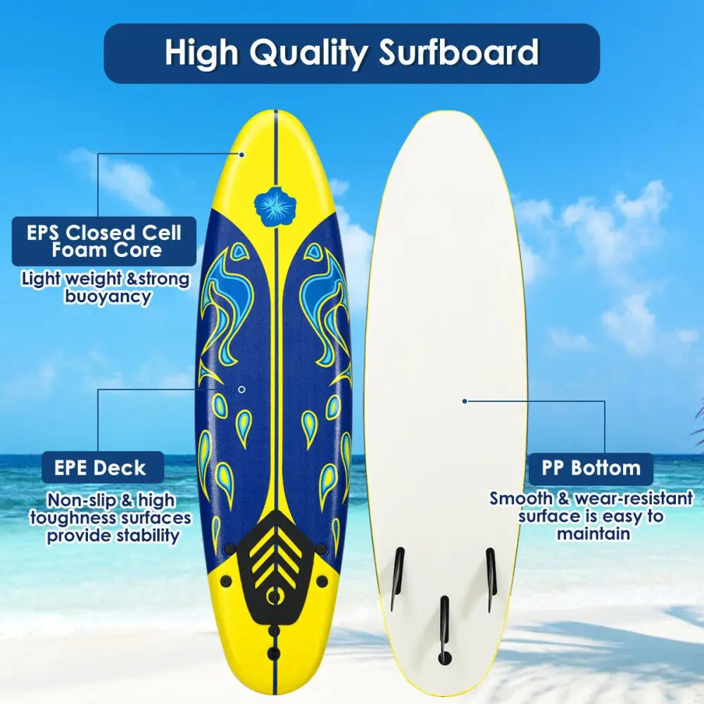 6 Feet Surfboard with 3 Detachable Fins-Yellow - Yellow - Surfing
