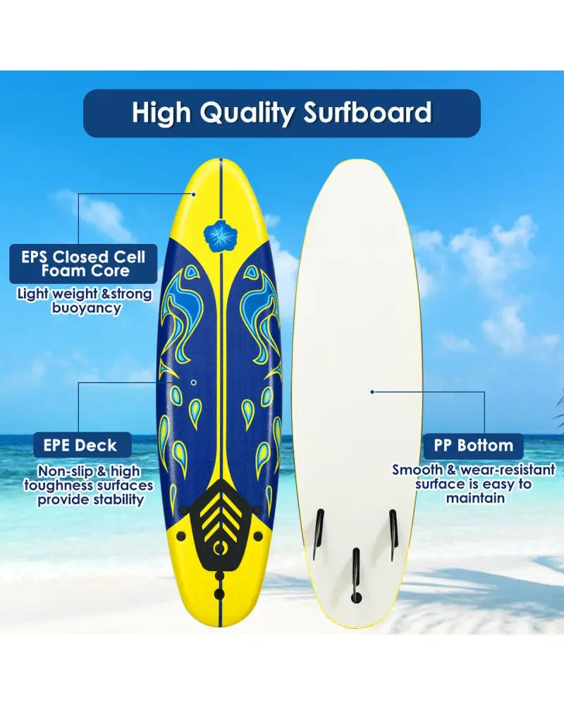 6 Feet Surfboard with 3 Detachable Fins-Yellow - Yellow - Surfing