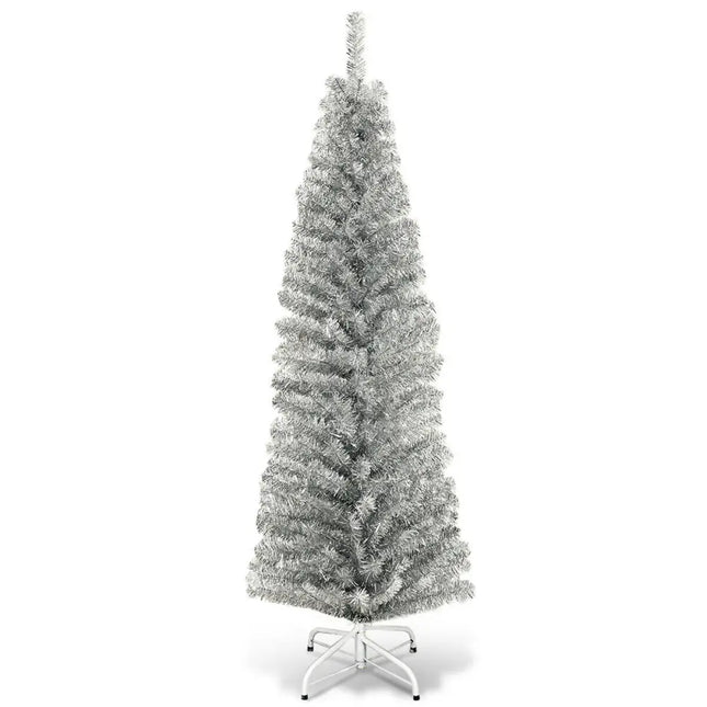 6 Feet Tinsel Tree Unlit Slim Pencil Christmas Tree-Silver - Silver - Christmas Tree