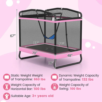 6 FT Kids Trampoline with Swing and Horizontal Bar Small Rectangle Trampoline-Pink - Pink - Trampolines