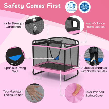 6 FT Kids Trampoline with Swing and Horizontal Bar Small Rectangle Trampoline-Pink - Pink - Trampolines