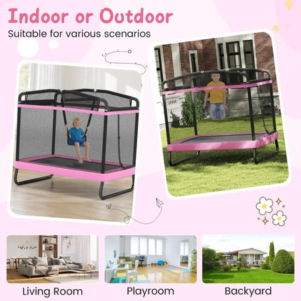 6 FT Kids Trampoline with Swing and Horizontal Bar Small Rectangle Trampoline-Pink - Pink - Trampolines