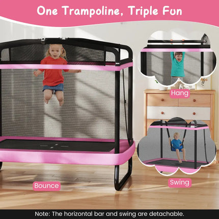 6 FT Kids Trampoline with Swing and Horizontal Bar Small Rectangle Trampoline-Pink - Pink - Trampolines