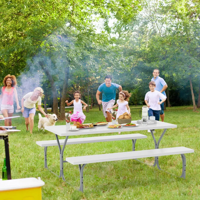 6 FT Picnic Table Bench Set Dining Table and 2 Benches with Metal Frame and HDPE Tabletop-White - White - Picnic Tables