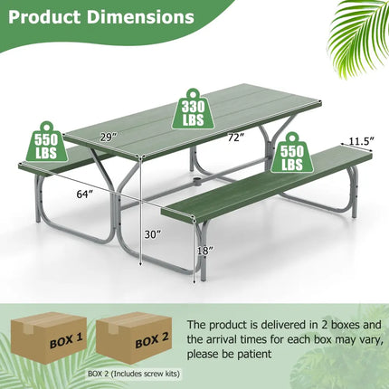 6 FT Picnic Table Bench Set Dining Table and 2 Benches with Metal Frame and HDPE Tabletop-Green - Green - Picnic Tables