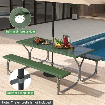 6 FT Picnic Table Bench Set Dining Table and 2 Benches with Metal Frame and HDPE Tabletop-Green - Green - Picnic Tables