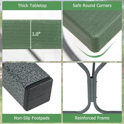 6 FT Picnic Table Bench Set Dining Table and 2 Benches with Metal Frame and HDPE Tabletop-Green - Green - Picnic Tables