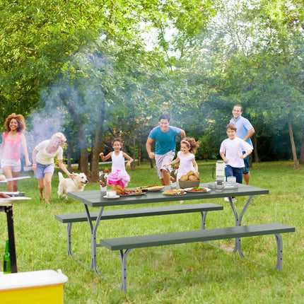 6 FT Picnic Table Bench Set Dining Table and 2 Benches with Metal Frame and HDPE Tabletop-Green - Green - Picnic Tables