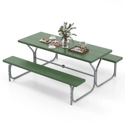 6 FT Picnic Table Bench Set Dining Table and 2 Benches with Metal Frame and HDPE Tabletop-Green - Green - Picnic Tables