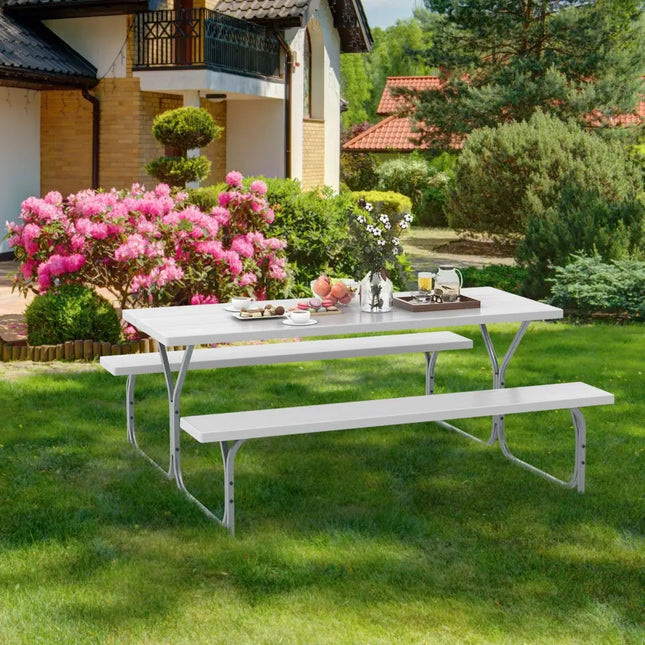 6 FT Picnic Table Bench Set Dining Table and 2 Benches with Metal Frame and HDPE Tabletop-White - White - Picnic Tables