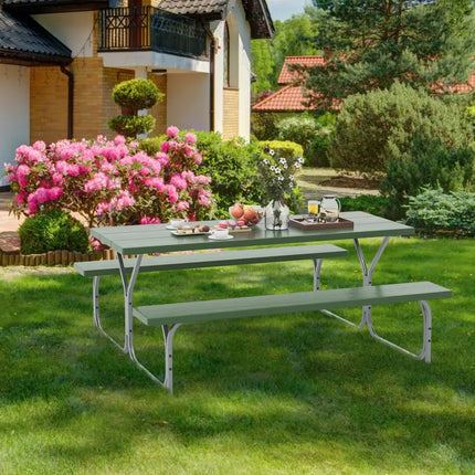 6 FT Picnic Table Bench Set Dining Table and 2 Benches with Metal Frame and HDPE Tabletop-Green - Green - Picnic Tables