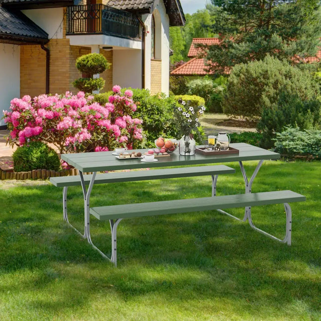 6 FT Picnic Table Bench Set Dining Table and 2 Benches with Metal Frame and HDPE Tabletop-Green - Green - Picnic Tables