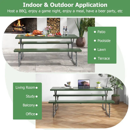 6 FT Picnic Table Bench Set Dining Table and 2 Benches with Metal Frame and HDPE Tabletop-Green - Green - Picnic Tables