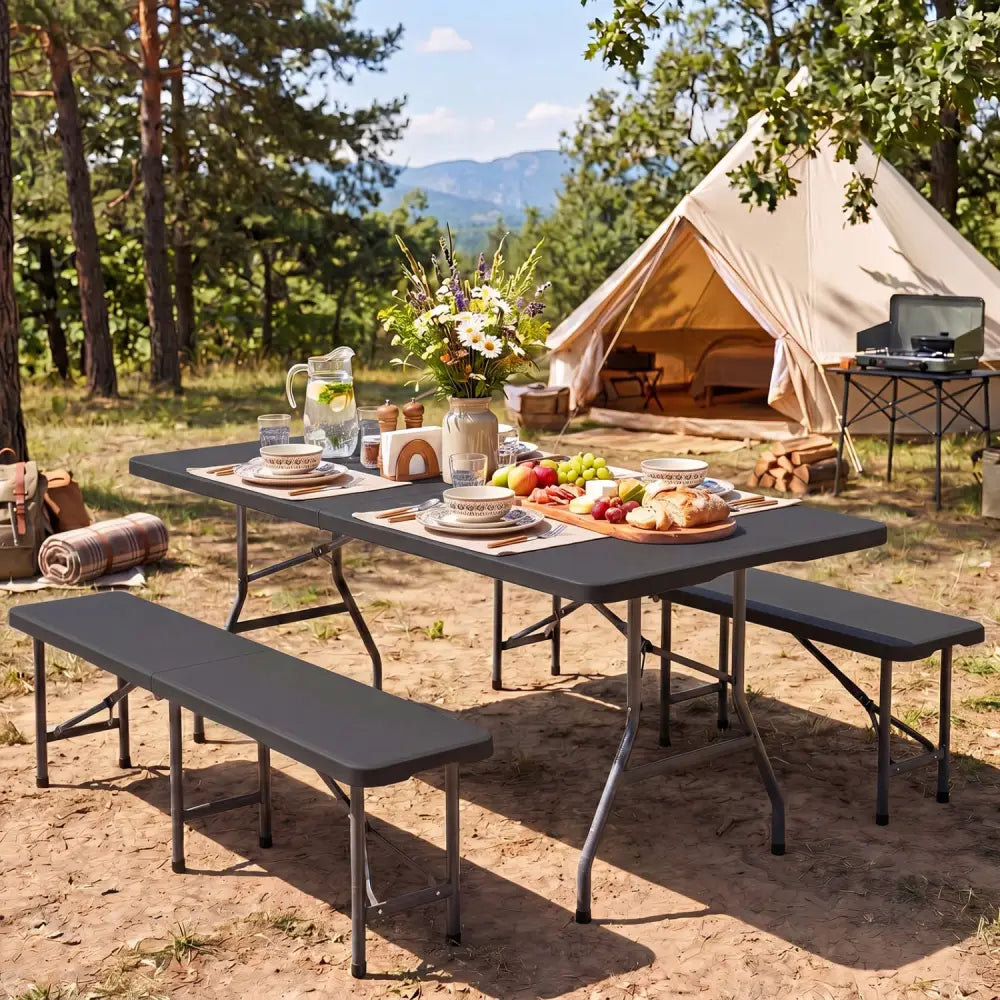 6 FT Plastic Fold-in-Half Camping Table-Black - Black - Picnic Tables