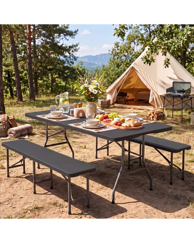 6 FT Plastic Fold-in-Half Camping Table-Black - Black - Picnic Tables