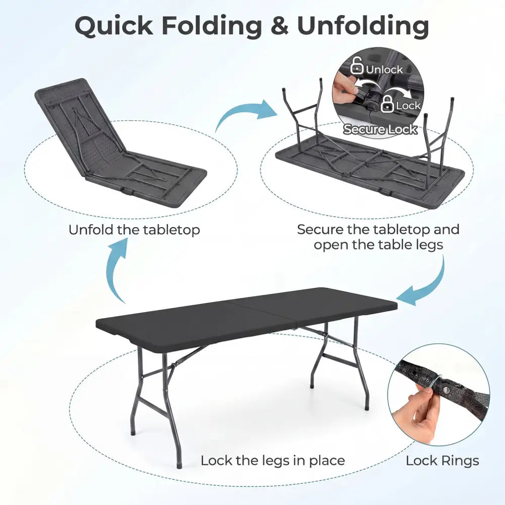 6 FT Plastic Fold-in-Half Camping Table-Black - Black - Picnic Tables