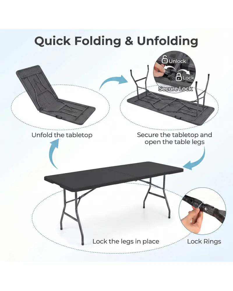 6 FT Plastic Fold-in-Half Camping Table-Black - Black - Picnic Tables