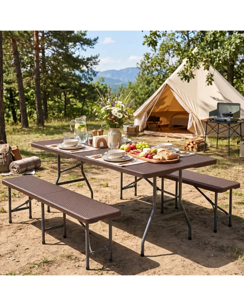 6 FT Plastic Fold-in-Half Camping Table-Coffee - Coffee - Picnic Tables