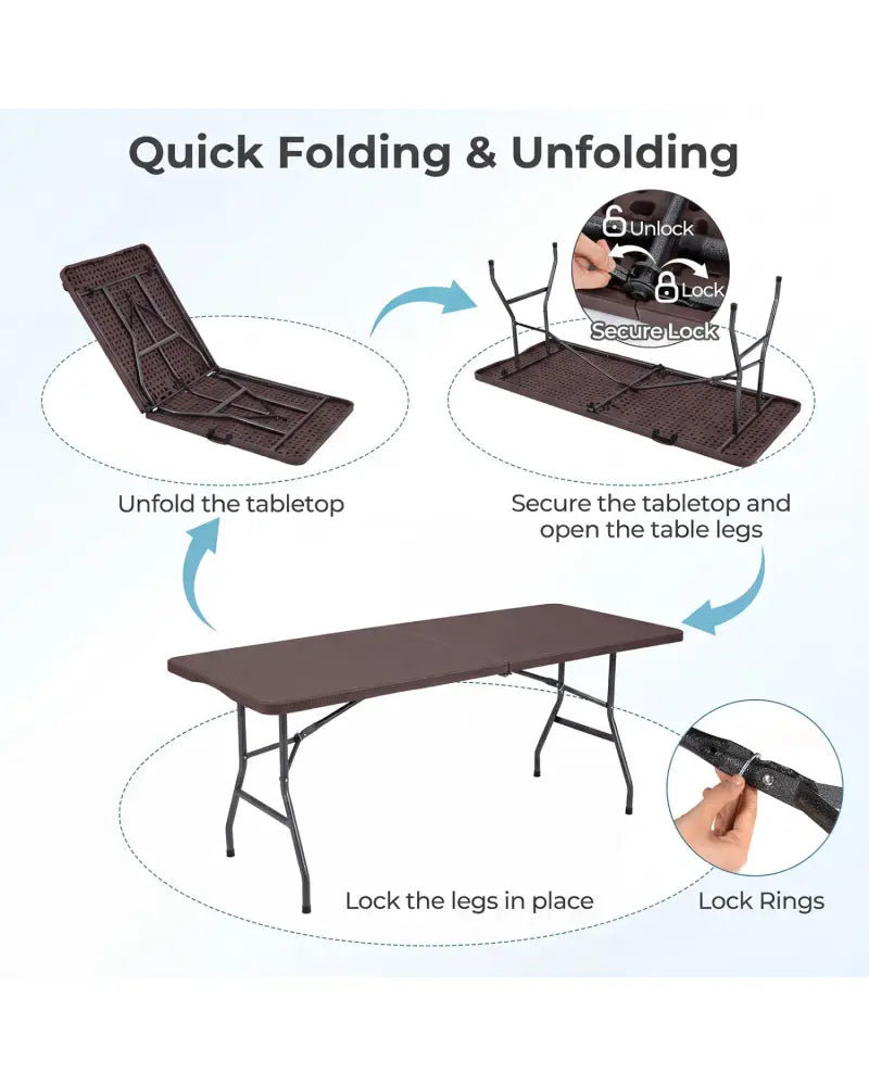 6 FT Plastic Fold-in-Half Camping Table-Coffee - Coffee - Picnic Tables