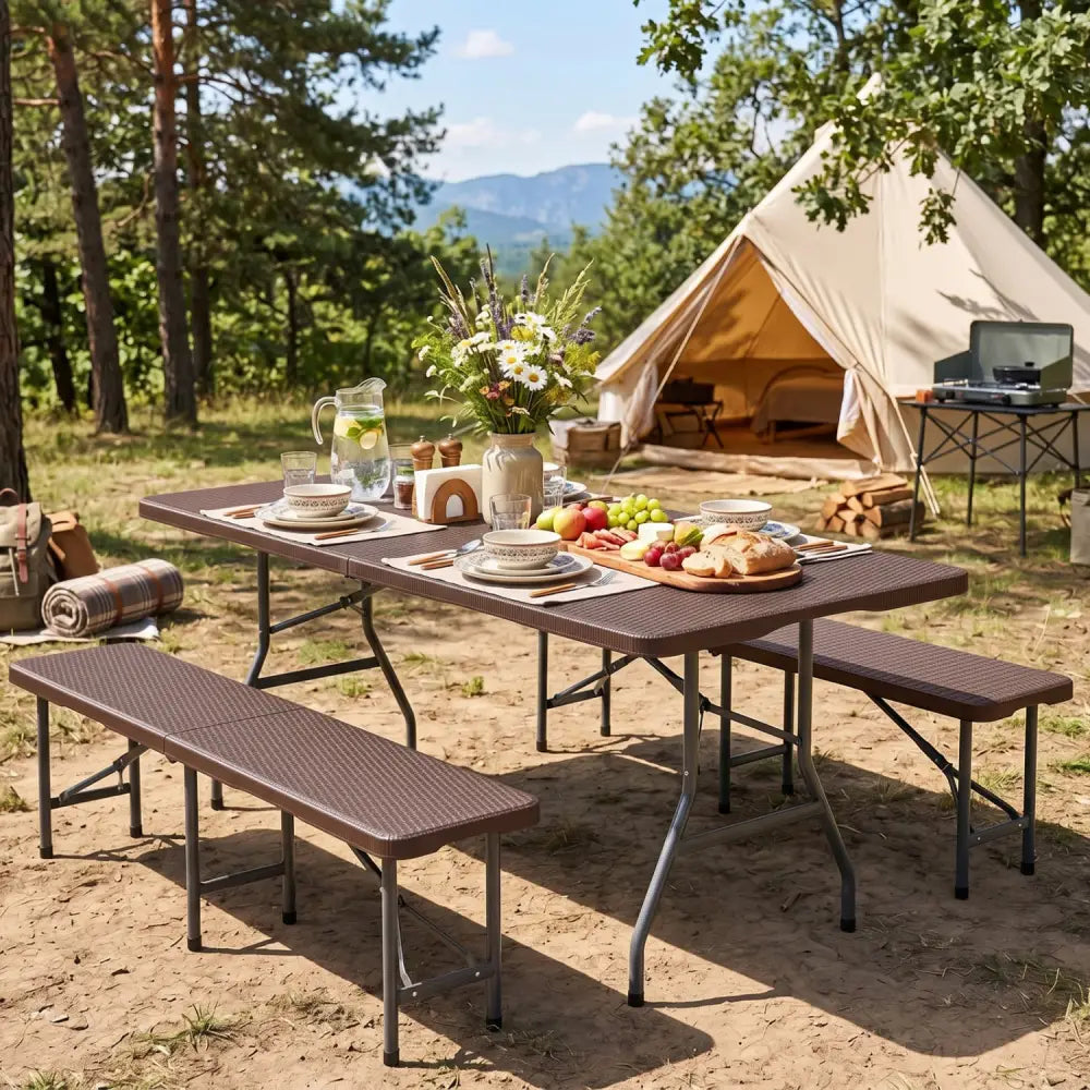 6 FT Plastic Fold-in-Half Camping Table-Coffee - Coffee - Picnic Tables