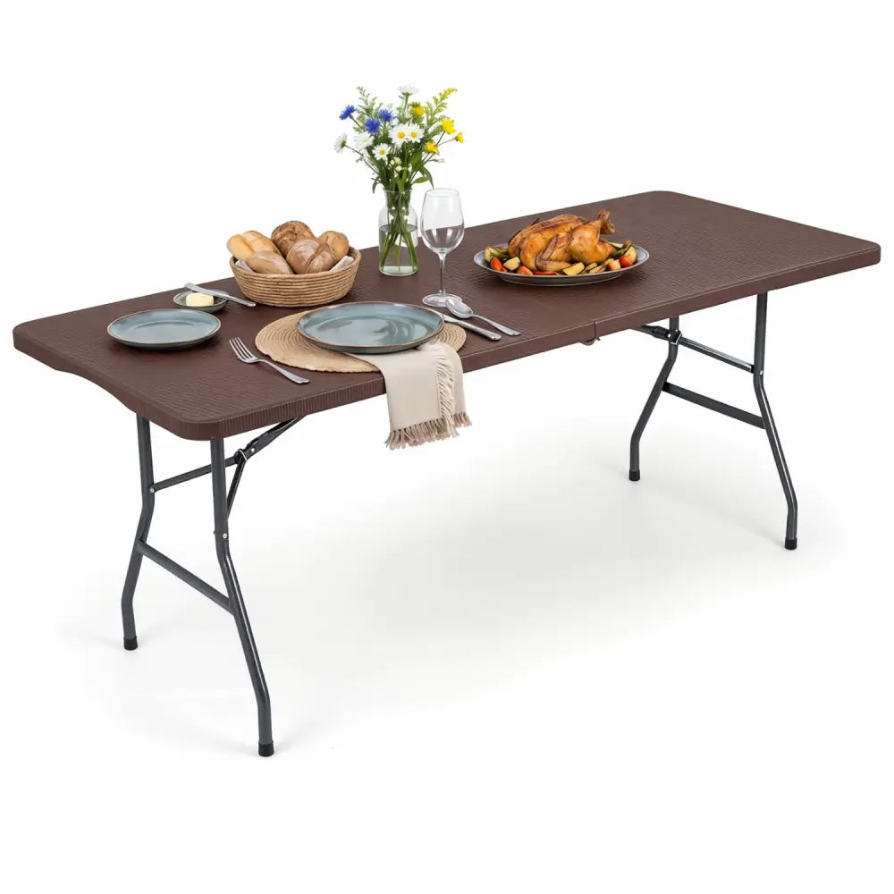 6 FT Plastic Fold-in-Half Camping Table-Coffee - Coffee - Picnic Tables