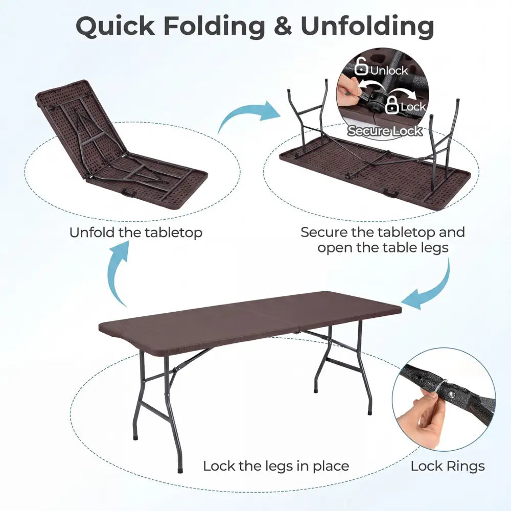 6 FT Plastic Fold-in-Half Camping Table-Coffee - Coffee - Picnic Tables