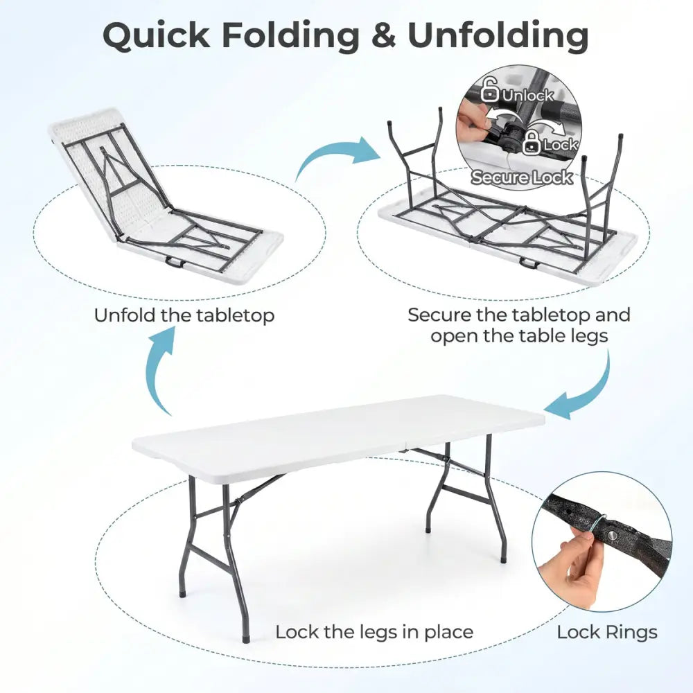 6 FT Plastic Fold-in-Half Camping Table-White - White - Picnic Tables