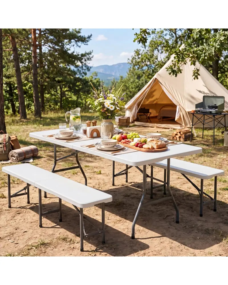 6 FT Plastic Fold-in-Half Camping Table-White - White - Picnic Tables