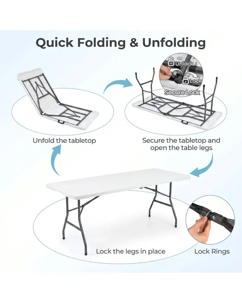 6 FT Plastic Fold-in-Half Camping Table-White - White - Picnic Tables