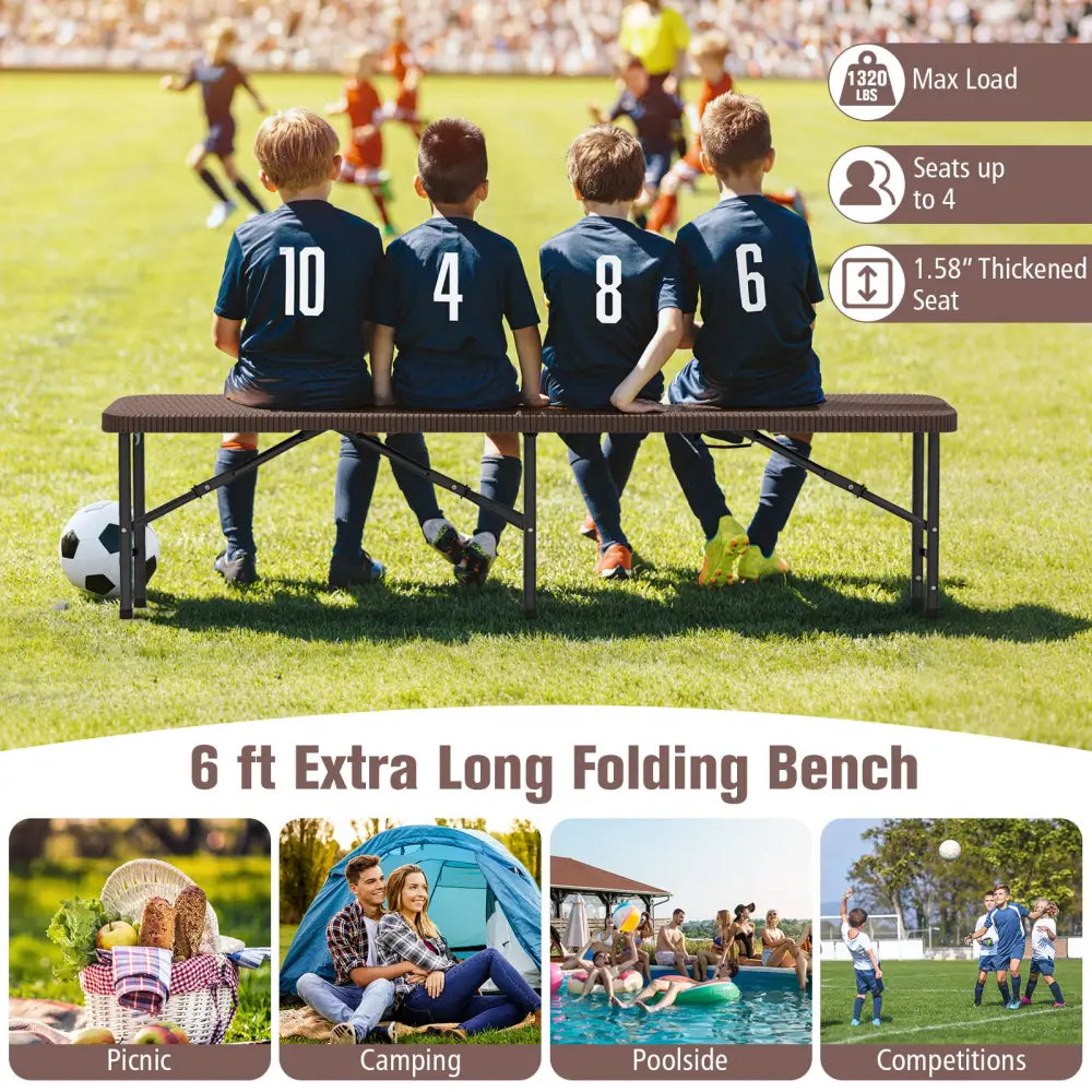 6 ft Plastic Folding Bench with 1320 LBS Capacity and Handle-Brown - Brown - Outdoor Benches