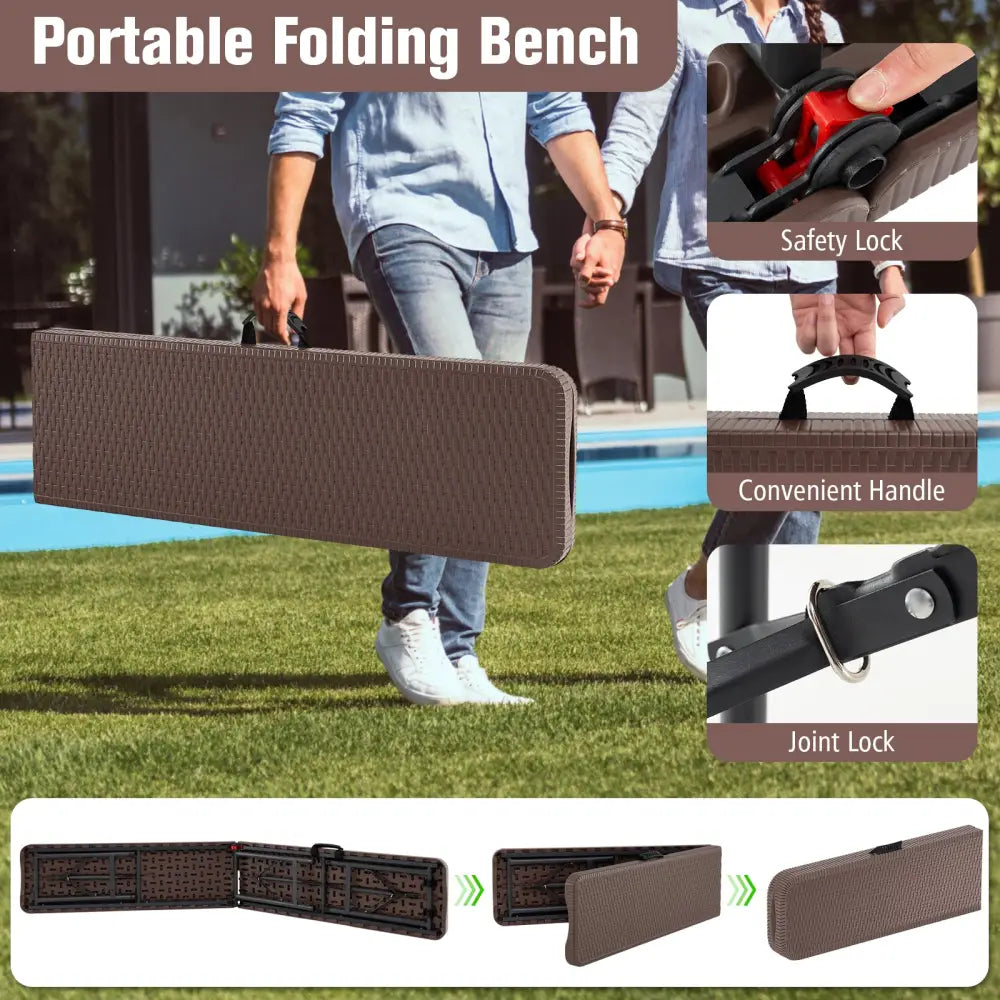 6 ft Plastic Folding Bench with 1320 LBS Capacity and Handle-Brown - Brown - Outdoor Benches