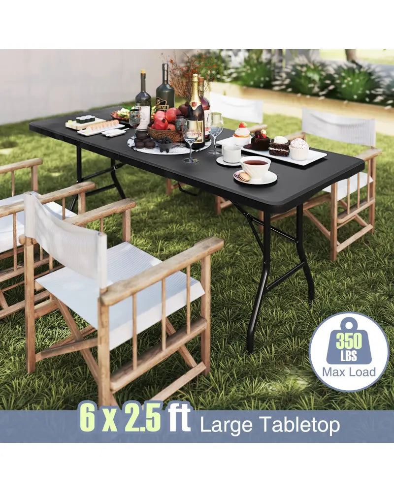 6 ft Portable Folding Table 350 LBS Fold-in-Half Table with HDPE Tabletop-Black - Black - Camping Furniture