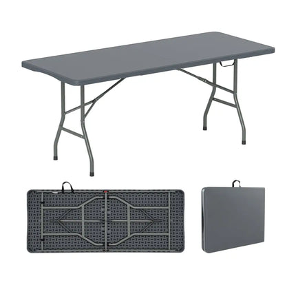 6 ft Portable Folding Table 350 LBS Fold-in-Half Table with HDPE Tabletop-Gray - Gray - Camping Furniture