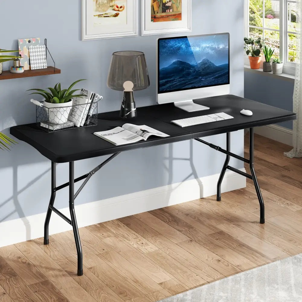 6 ft Portable Folding Table 350 LBS Fold-in-Half Table with HDPE Tabletop-Black - Black - Camping Furniture