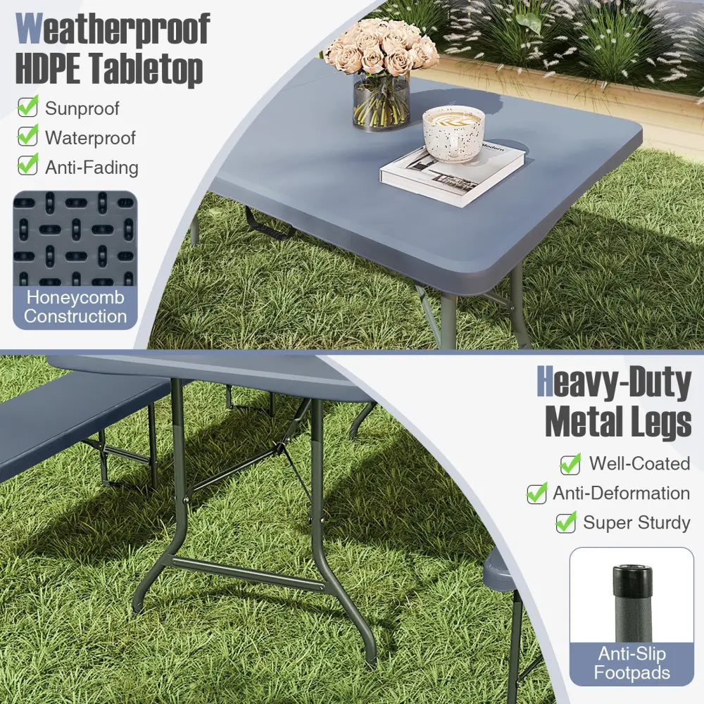 6 ft Portable Folding Table 350 LBS Fold-in-Half Table with HDPE Tabletop-Gray - Gray - Camping Furniture