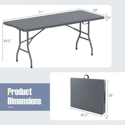 6 ft Portable Folding Table 350 LBS Fold-in-Half Table with HDPE Tabletop-Gray - Gray - Camping Furniture