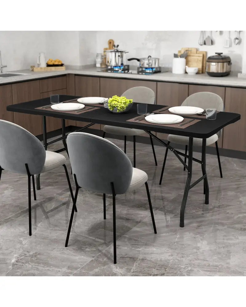 6 ft Portable Folding Table 350 LBS Fold-in-Half Table with HDPE Tabletop-Black - Black - Camping Furniture
