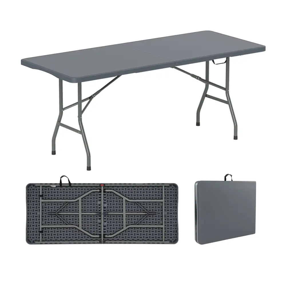 6 ft Portable Folding Table 350 LBS Fold-in-Half Table with HDPE Tabletop-Gray - Gray - Camping Furniture