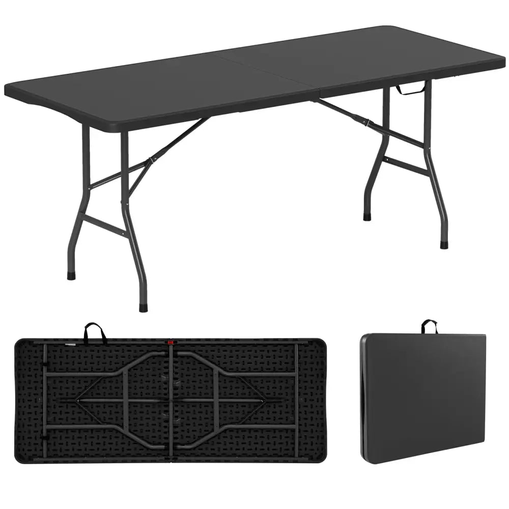 6 ft Portable Folding Table 350 LBS Fold-in-Half Table with HDPE Tabletop-Black - Black - Camping Furniture