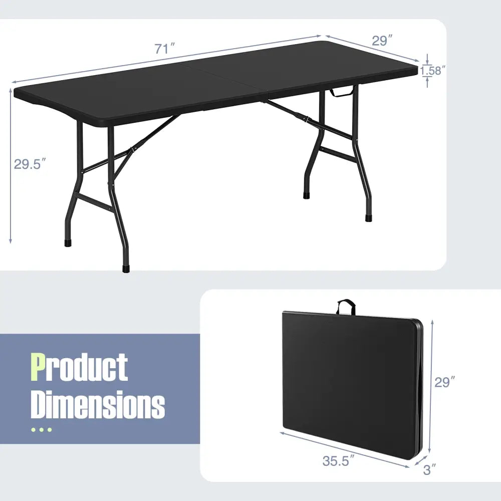 6 ft Portable Folding Table 350 LBS Fold-in-Half Table with HDPE Tabletop-Black - Black - Camping Furniture