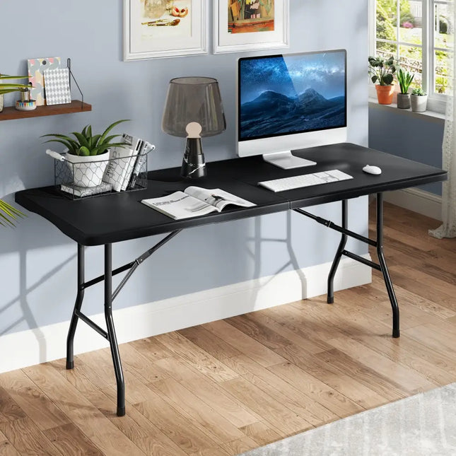 6 ft Portable Folding Table 350 LBS Fold-in-Half Table with HDPE Tabletop-Black - Black - Camping Furniture