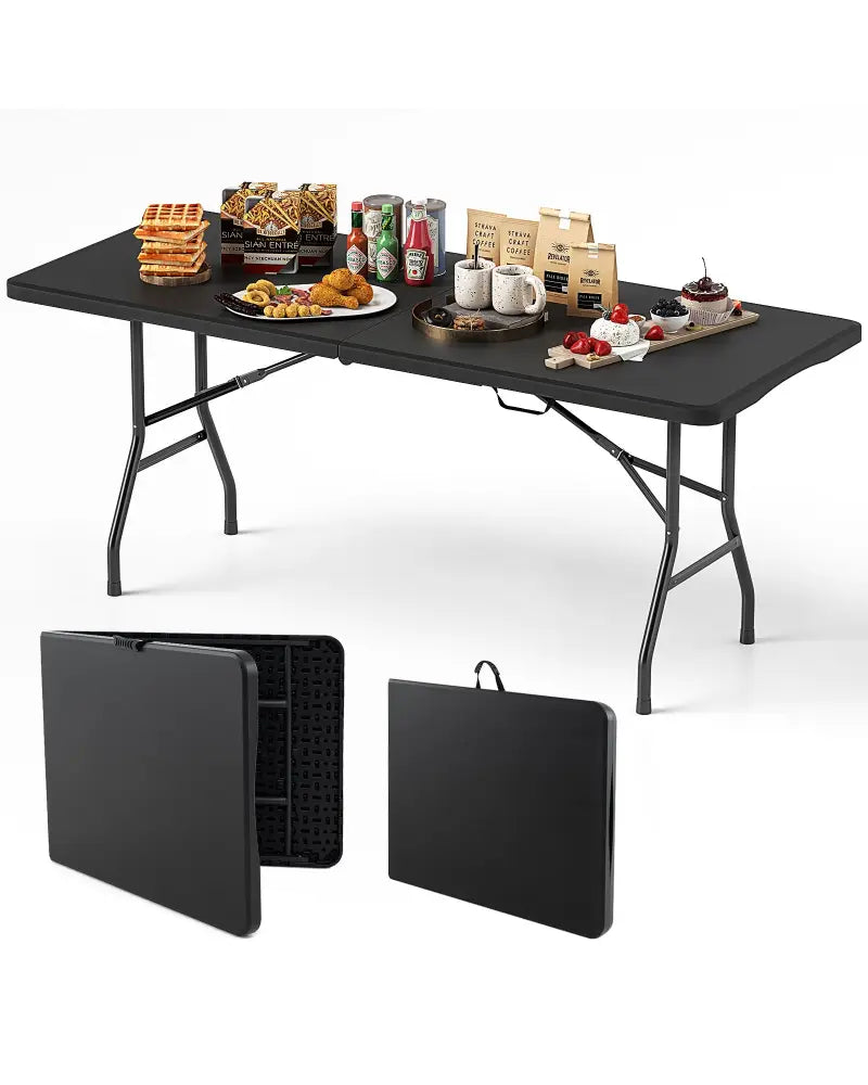 6 ft Portable Folding Table 350 LBS Fold-in-Half Table with HDPE Tabletop-Black - Black - Camping Furniture