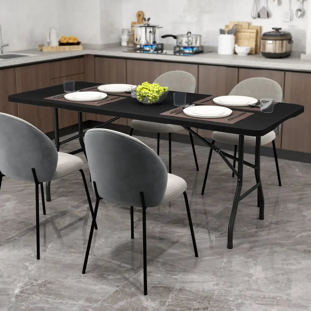 6 ft Portable Folding Table 350 LBS Fold-in-Half Table with HDPE Tabletop-Black - Black - Camping Furniture