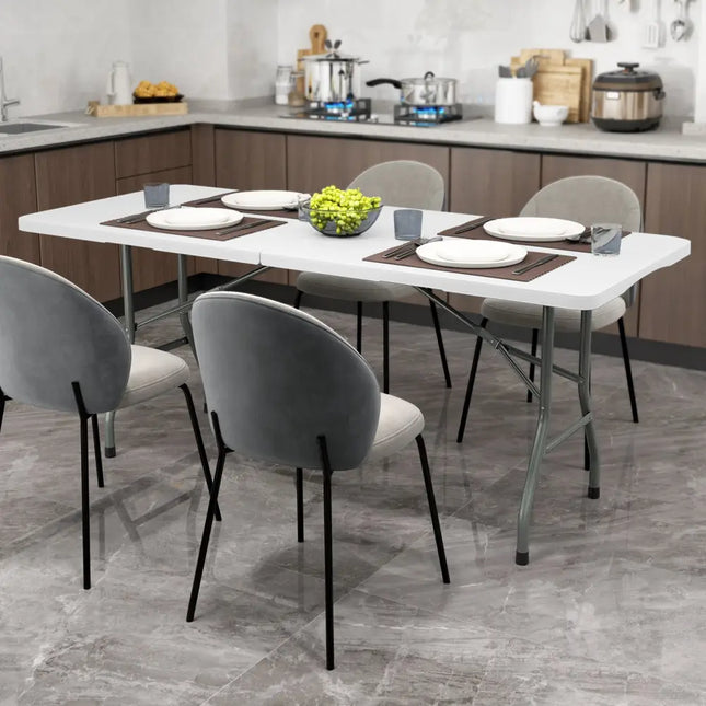 6 ft Portable Folding Table 350 LBS Fold-in-Half Table with HDPE Tabletop-White - White - Camping Furniture