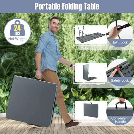 6 ft Portable Folding Table 350 LBS Fold-in-Half Table with HDPE Tabletop-Gray - Gray - Camping Furniture