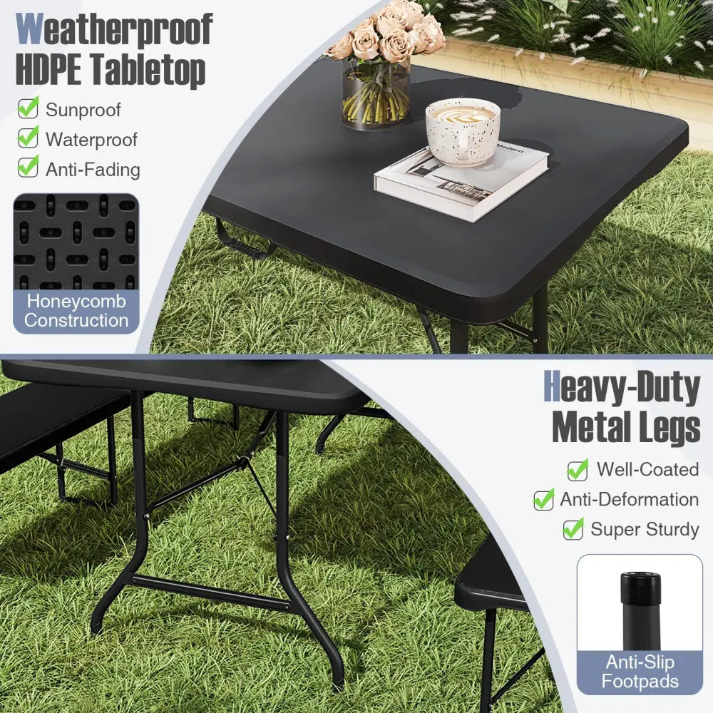 6 ft Portable Folding Table 350 LBS Fold-in-Half Table with HDPE Tabletop-Black - Black - Camping Furniture