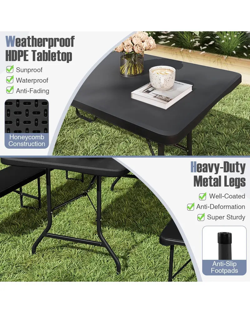 6 ft Portable Folding Table 350 LBS Fold-in-Half Table with HDPE Tabletop-Black - Black - Camping Furniture