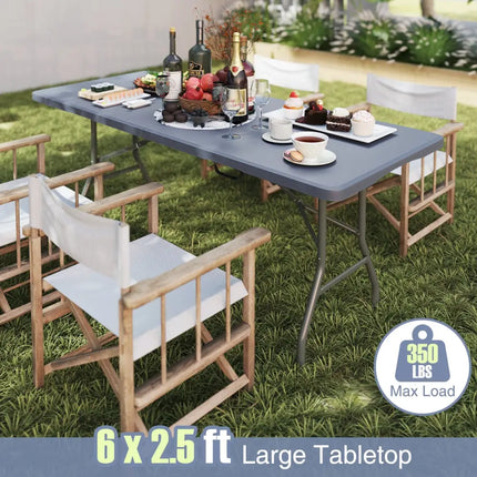 6 ft Portable Folding Table 350 LBS Fold-in-Half Table with HDPE Tabletop-Gray - Gray - Camping Furniture