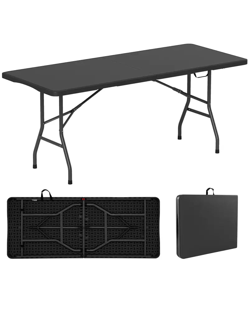 6 ft Portable Folding Table 350 LBS Fold-in-Half Table with HDPE Tabletop-Black - Black - Camping Furniture